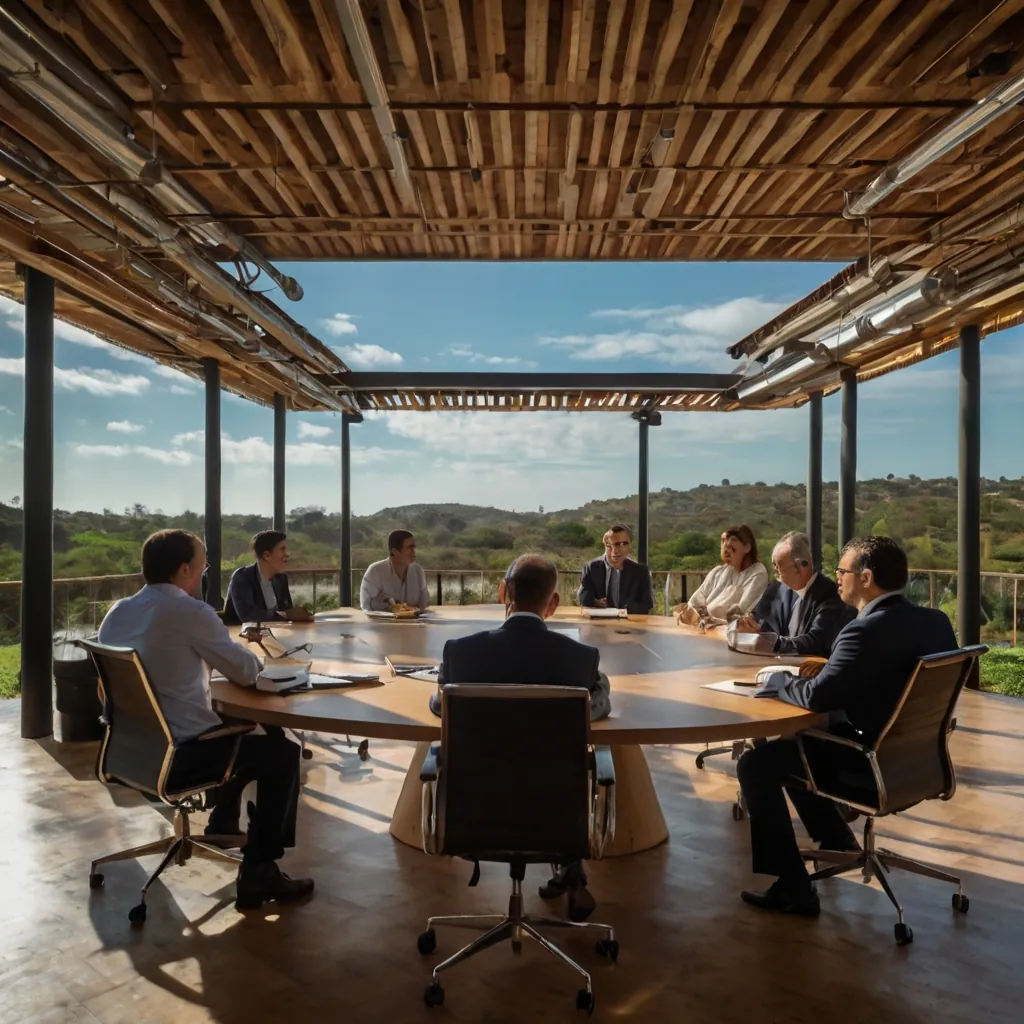 Sala de reunião com mesa oval e paredes abertas para fora
